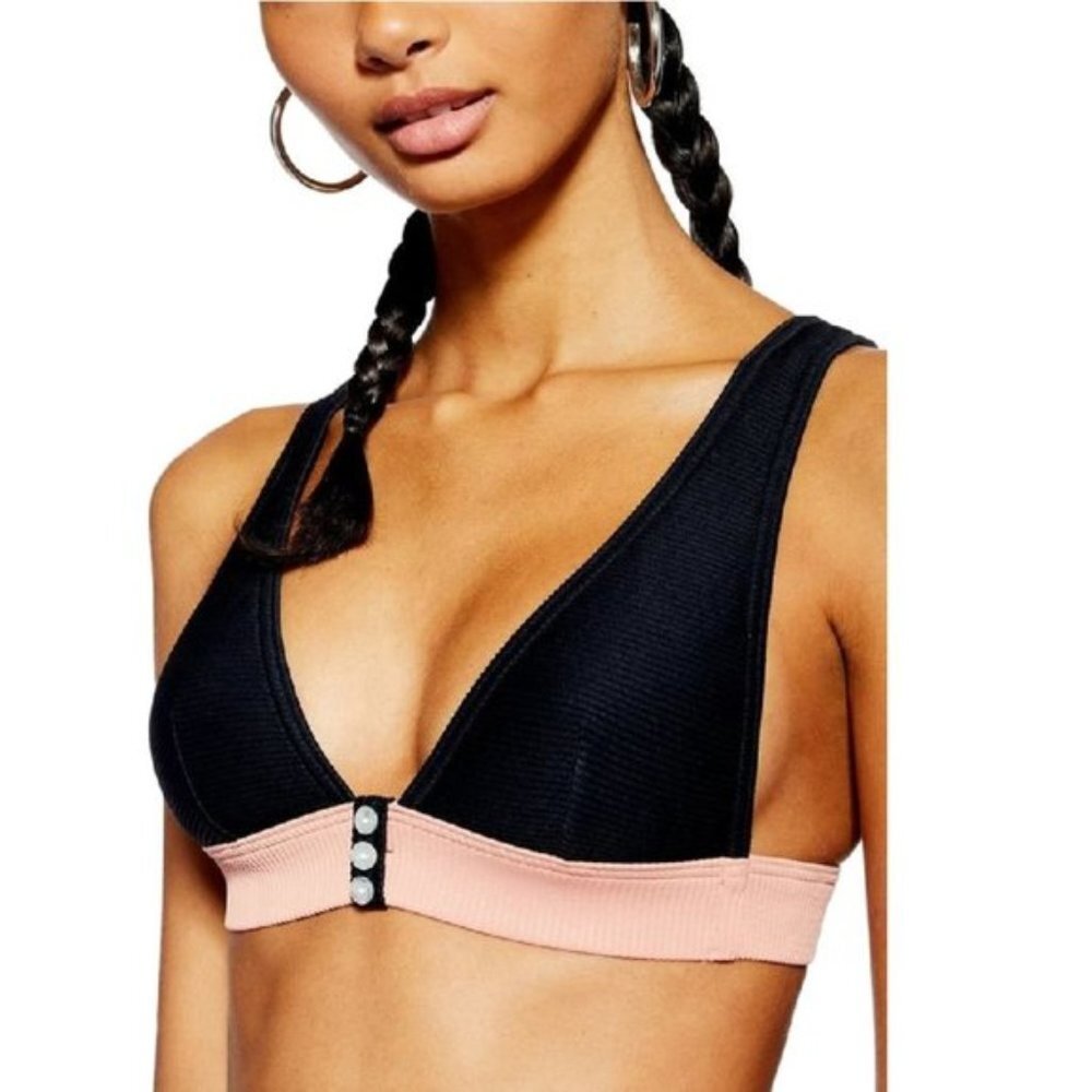 Topshop Button Ribbed Triangle Bikini Top